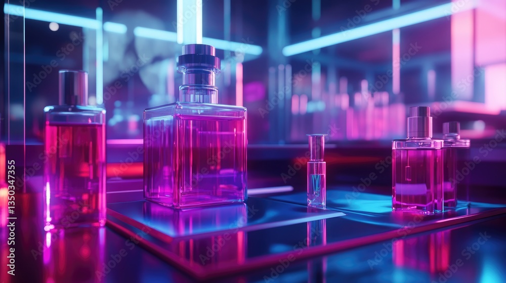 Neon-lit Perfume Bottles on Reflective Surface Neon-lit Perfume Bottles on Reflective Surface