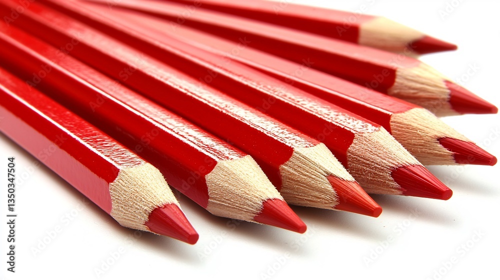 Close-up of Sharp Red Pencils Arranged Neatly in a Row, Ideal for Creative Projects