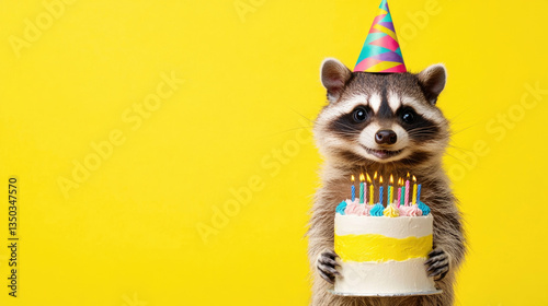 Funny raccoon smiles while holding a colorful birthday cake on yellow background