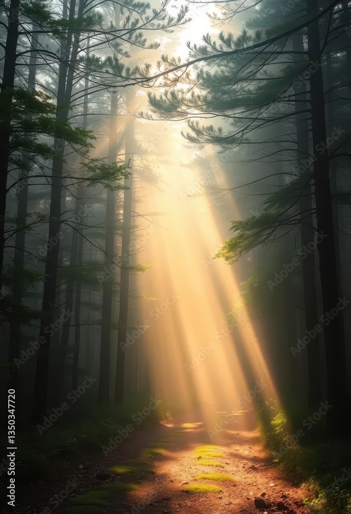 Fototapeta premium Sunbeams pierce dense fog, illuminating misty forest path, canopy, mist