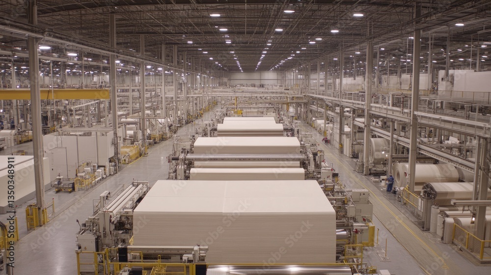Obraz premium A large-scale paper factory with industrial machines producing thousands of sheets per hour.