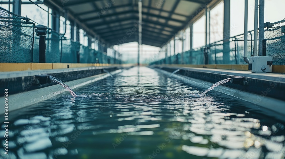 Water flowing through a long, narrow channel in a modern facility Water flowing through a long, narrow channel in a modern facility