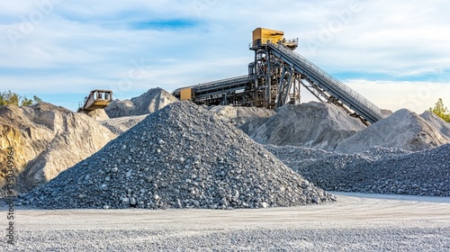 A massive ore stockpile with automated loaders transferring material for processing.