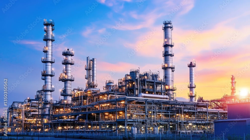 A metallurgical plant with interconnected pipelines and refining structures. A metallurgical plant with interconnected pipelines and refining structures.
