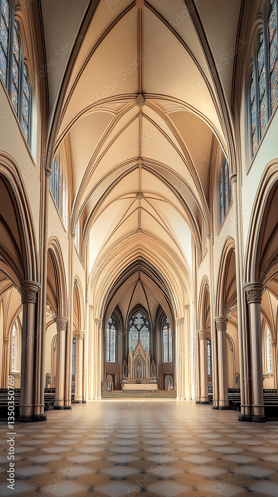 Fototapeta premium Sunlight illuminating empty church nave with vaulted ceiling