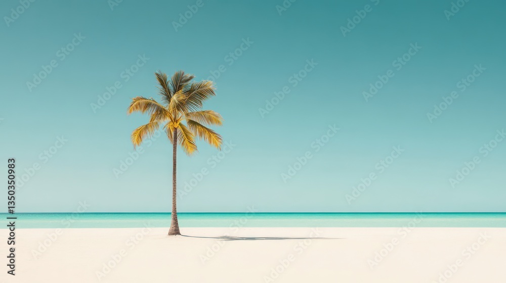 Obraz premium Lone palm tree on tranquil beach, clear sky. Perfect for travel brochures