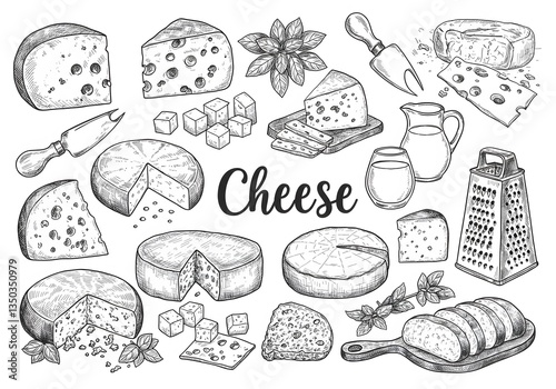 A Delicious Variety of Cheeses: Hand-Drawn Illustration of Different Types of Cheese, Including Cheddar, Swiss, and Brie, Alongside Cheese Knives, Grater, and Milk
