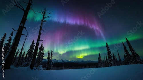 Escena mágica de la aurora boreal brillando en el cielo nocturno sobre un paisaje natural de invierno y nieve