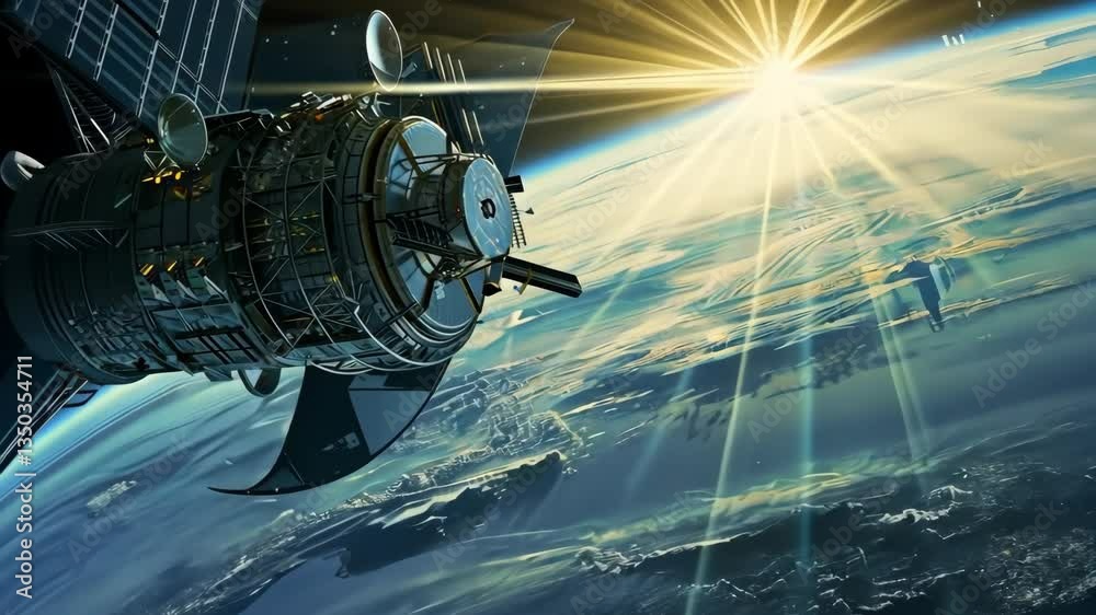 An advanced satellite orbits Earth, illuminated by sunlight, showcasing stateoftheart engineering and symbolizing the fusion of innovative technology with inspiring space exploration