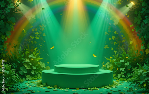 Green podium with shamrock decorations and rainbow light beam for St Patrick day product display, Irish holiday celebration backdrop with clover pattern and copy space