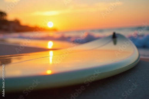 Close-up of a surfboard resting on the sand.