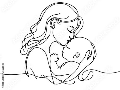Maternity concept illustration. Motherhood hand drawn style vector illustrations. Woman and baby line art. Young mom hugging her baby. Happy International Mother's Day card, posters designs, art print