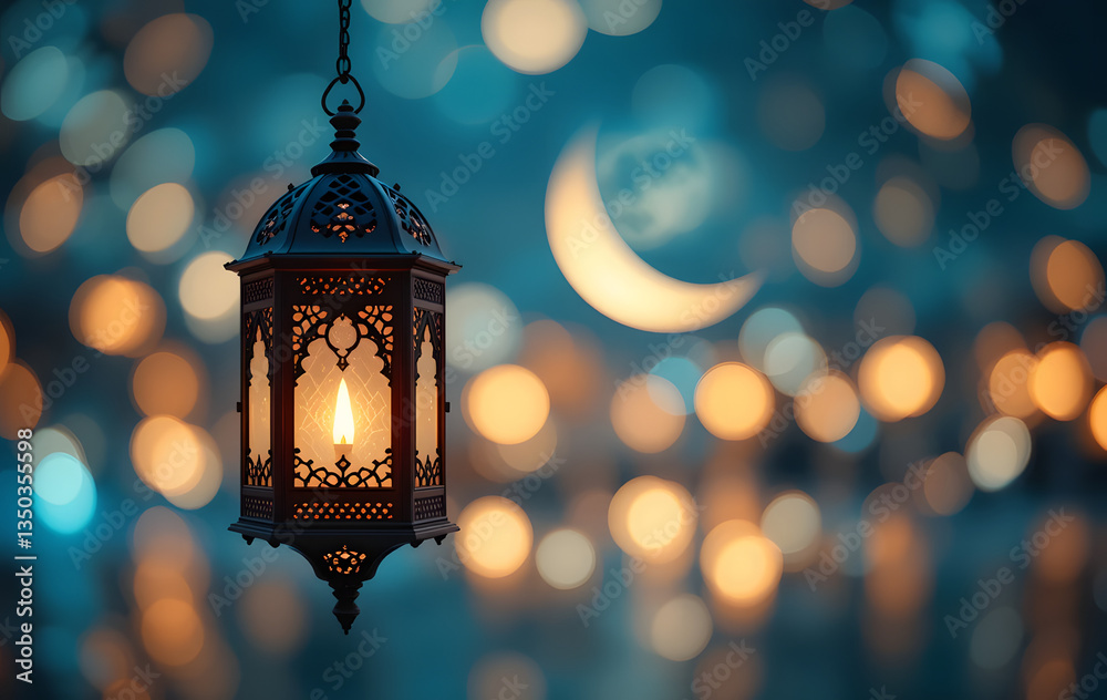 Ramadan Kareem - Arabic Lantern With Crescent Moon - Abstract Magic Bokeh Lights On Background Ramadan Kareem - Arabic Lantern With Crescent Moon - Abstract Magic Bokeh Lights On Background