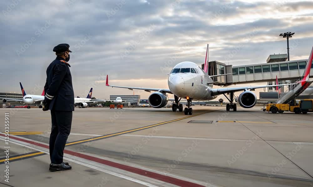 A man stands on a runway, watching an airplane prepare for takeoff, embodying the fascination with flight and human connection to air travel A man stands on a runway, watching an airplane prepare for takeoff, embodying the fascination with flight and human connection to air travel
