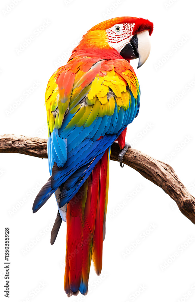 Fototapeta premium A beautiful macaw parrot is sitting on a branch on transparent background
