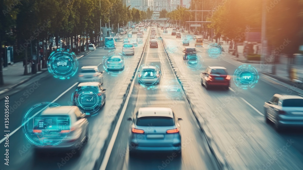 Fototapeta premium A self-driving car communicating with a smart traffic management system.