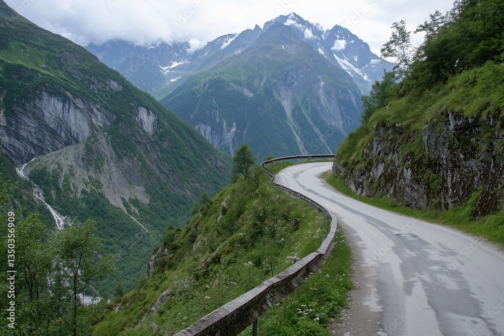 Fototapeta premium Winding Mountain Road Through Lush Green Valley, Scenic Driving Route