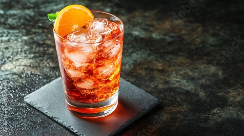 Refreshing Negroni cocktail with orange slice and ice.
