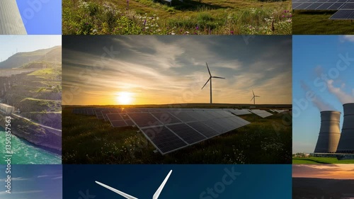 Ecological Energy Sources Video Collage: Wind Turbines, Solar Panels, Power Lines, Nuclear Plant, and Dams, Sustainable Development, Renewable Energy, Green Industry Concept, 4K Clean Energy Footage