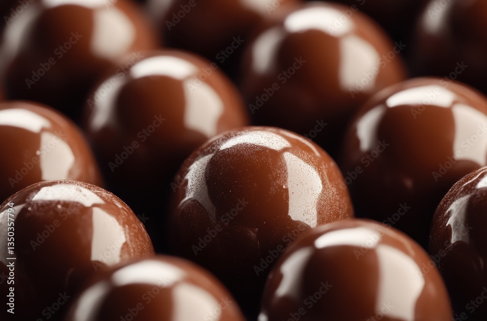 Close-Up View of Smooth and Glossy Chocolate Balls Arranged in a Neat Pattern with Natural Light Highlighting Their Rich Texture and Color