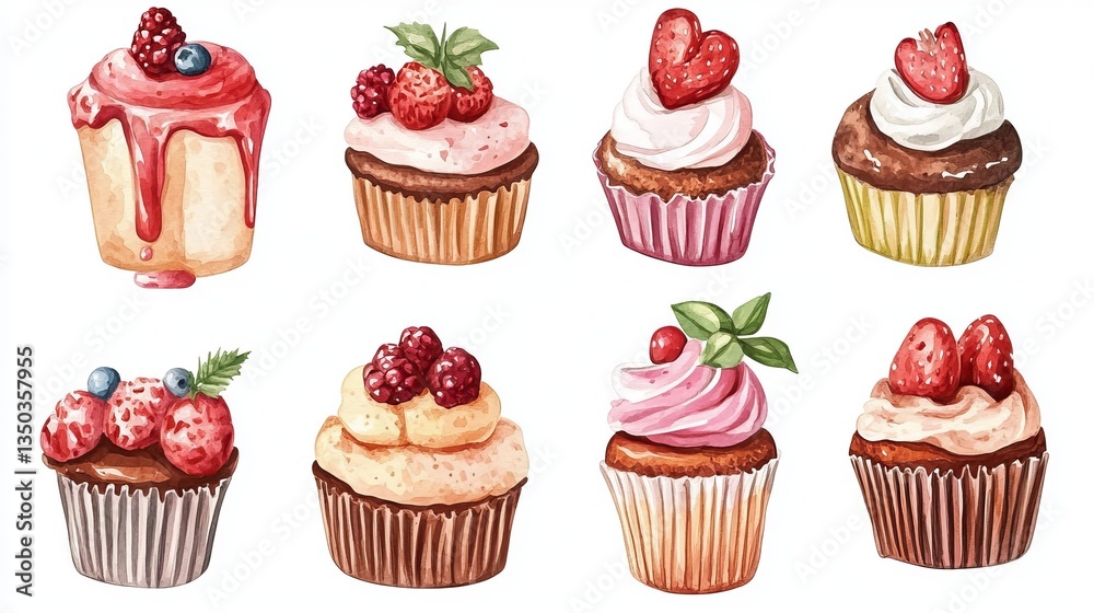 Delicious Cake and Cupcake Dessert Watercolor Set Design: Sweet Art Collection Delicious Cake and Cupcake Dessert Watercolor Set Design: Sweet Art Collection