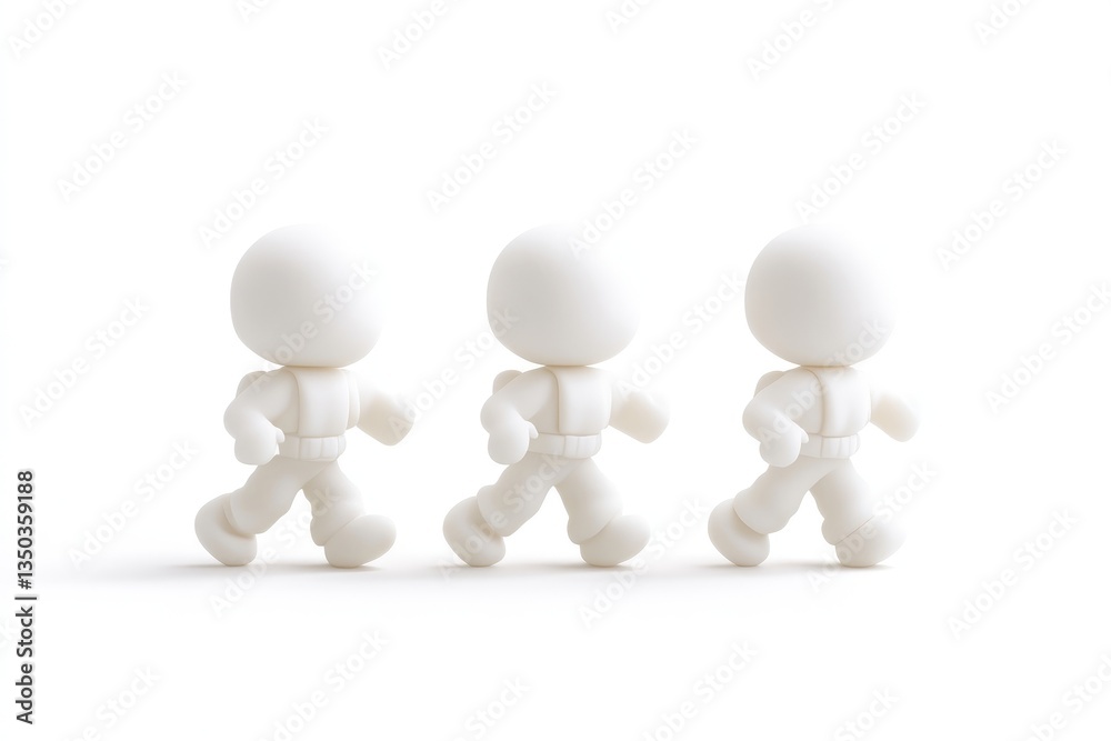 Three small, simple figures walking in a row Three small, simple figures walking in a row