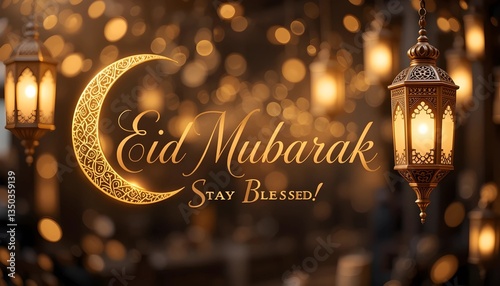 Golden Crescent Moons and Lanterns for Eid