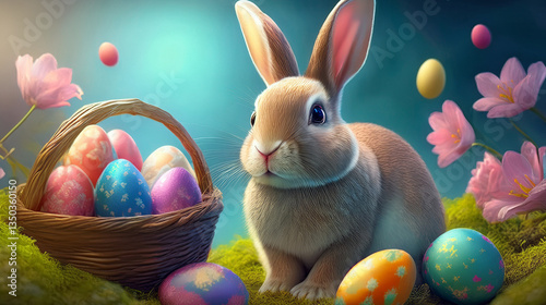 Conejo con canasta y huevos de pascuas 