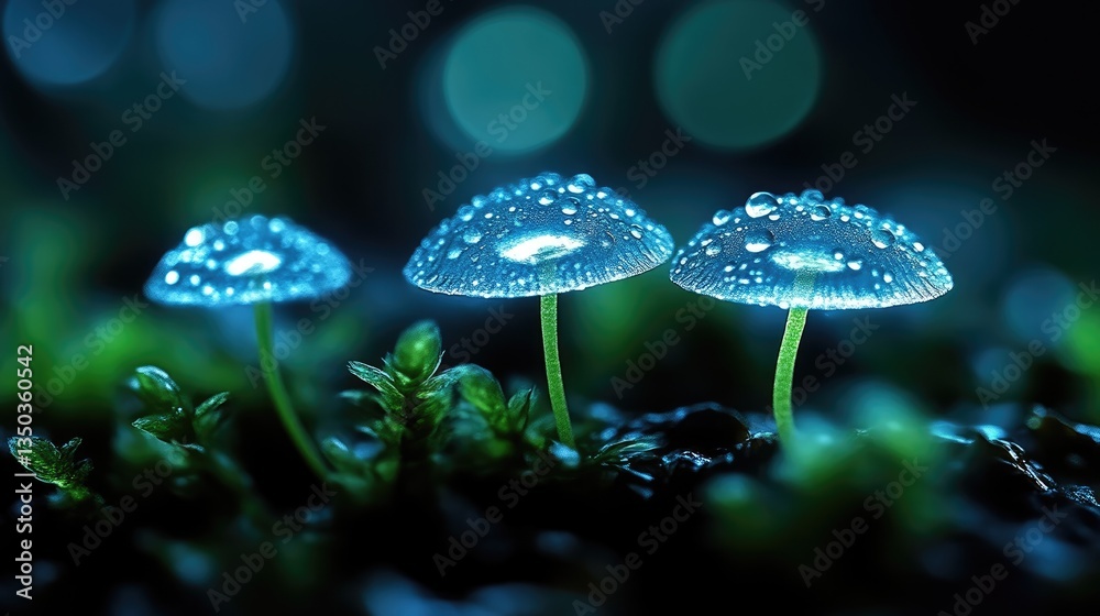 Glowing mushrooms in the night. Delicate, glowing fungi in a mystical forest scene, covered in moisture Glowing mushrooms in the night. Delicate, glowing fungi in a mystical forest scene, covered in moisture