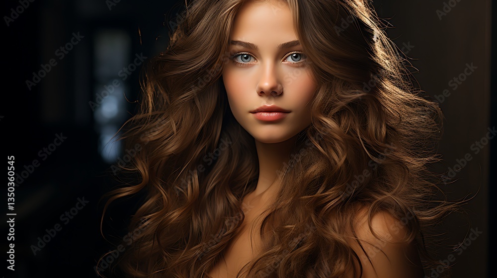 Fototapeta premium Stunning Portrait of a Young Woman with Long, Wavy Brown Hair