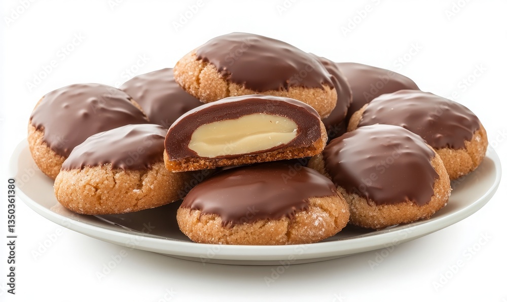 Plate of Delicious Chocolate-Covered Cookies with Cream Filling Perfectly Arranged on a Bright Display for Tempting Treats and Dessert Lovers. Plate of Delicious Chocolate-Covered Cookies with Cream Filling Perfectly Arranged on a Bright Display for Tempting Treats and Dessert Lovers.
