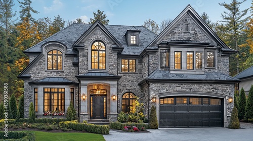 Luxury Stone House Exterior at Night