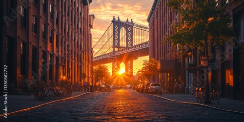 Sun shining through manhattan bridge at sunset in dumbo, brooklyn, new york city