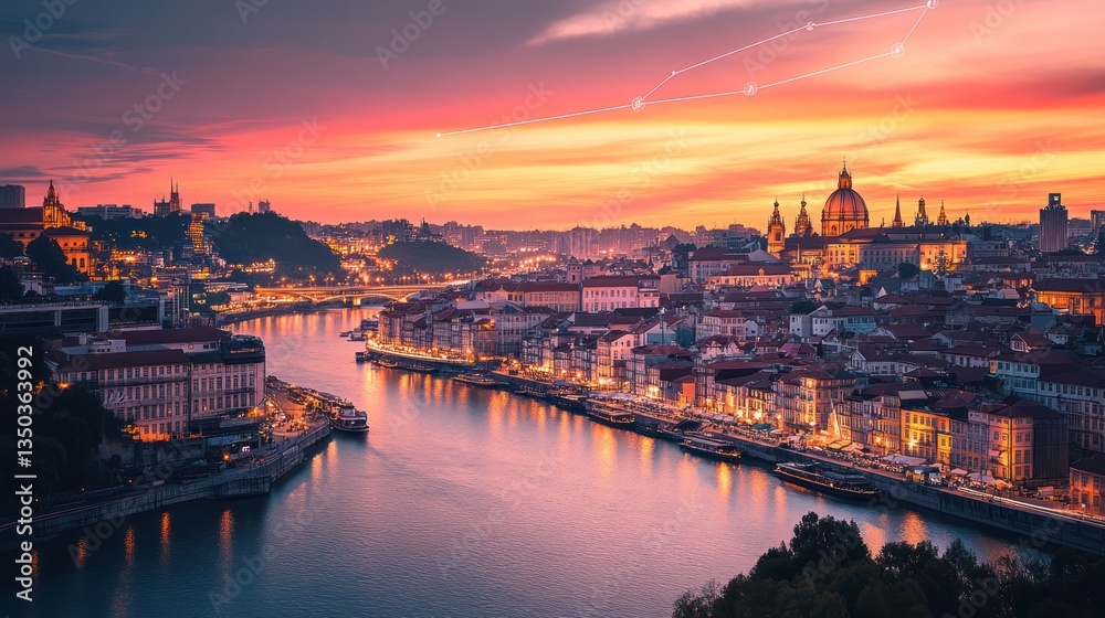 Naklejka premium Prague Skyline Sunrise River Cityscape