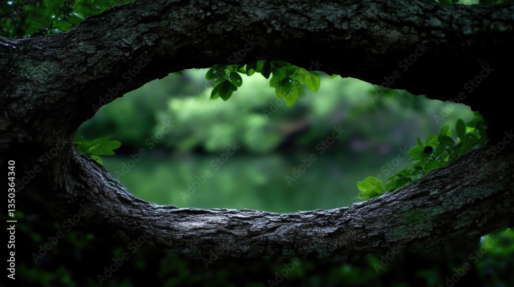 Fototapeta premium Old tree branch naturally frames a blurry green lake and forest during daytime.