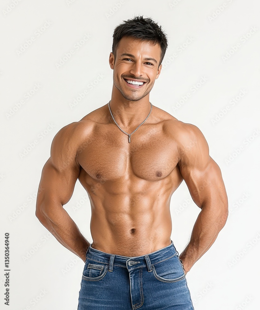 A muscular man smiling confidently, showcasing a fit physique against a plain background. A muscular man smiling confidently, showcasing a fit physique against a plain background.