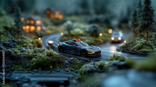 Dark, detailed miniature police car on winding road.  Night-time scenic diorama photo