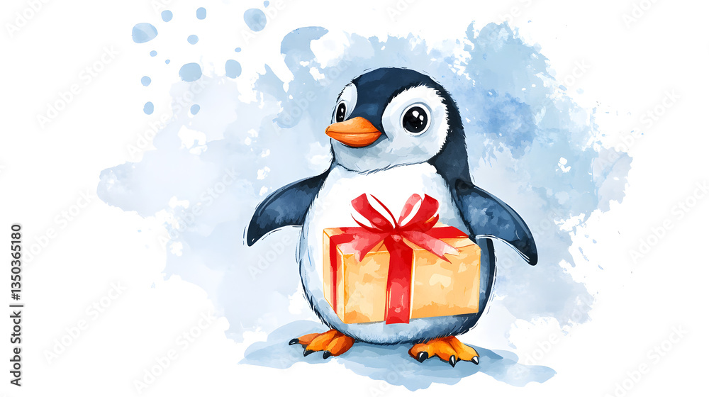 Obraz premium Charming Watercolor Cartoon Penguin Holding a Gift - Festive Vector Illustration