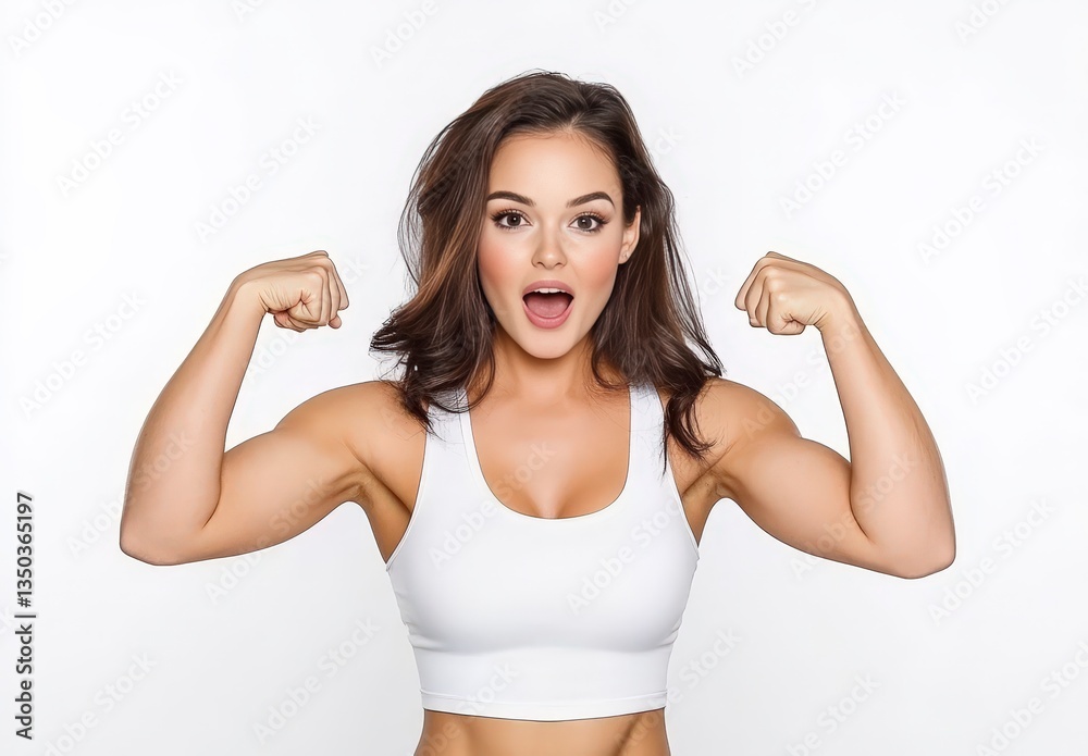 Fitness enthusiast flexing muscles with an empowering expression. Fitness enthusiast flexing muscles with an empowering expression.