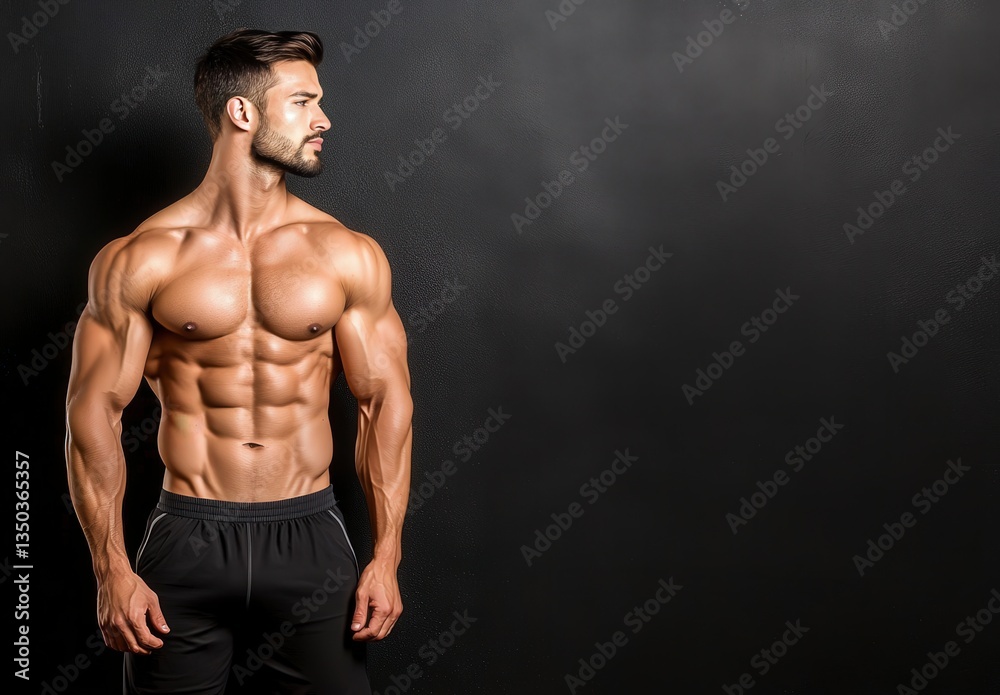 Naklejka premium Muscular man posing confidently against a dark background, showcasing his physique and strength.