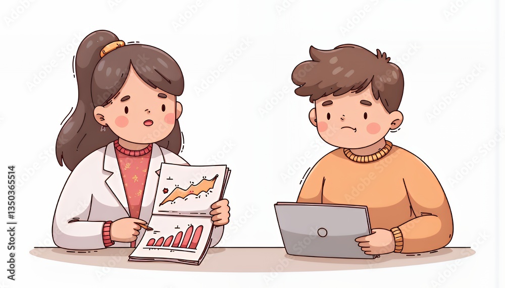 Cute Chibi Characters Reviewing Financial Data Cute Chibi Characters Reviewing Financial Data