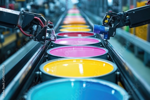 Automated Paint Production Line: Robotic Arms and vibrant colors