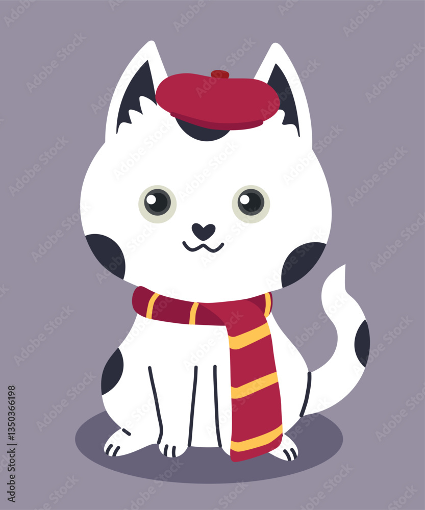 Flat Design Illustration with Black and Cat wearing Beret and Scarf Flat Design Illustration with Black and Cat wearing Beret and Scarf