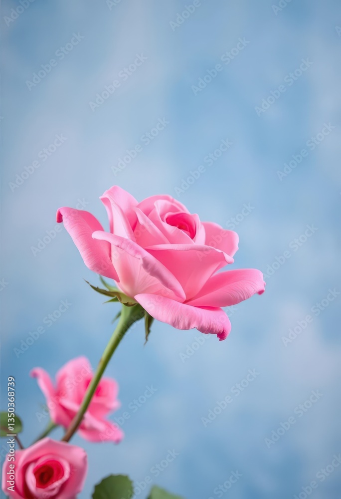 Fototapeta premium A single pink rose blossoms against a soft blue and white backdrop, white background, photography