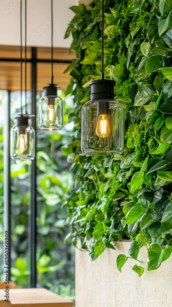 Fototapeta premium Vertical composition of lush green plant wall with hanging lights