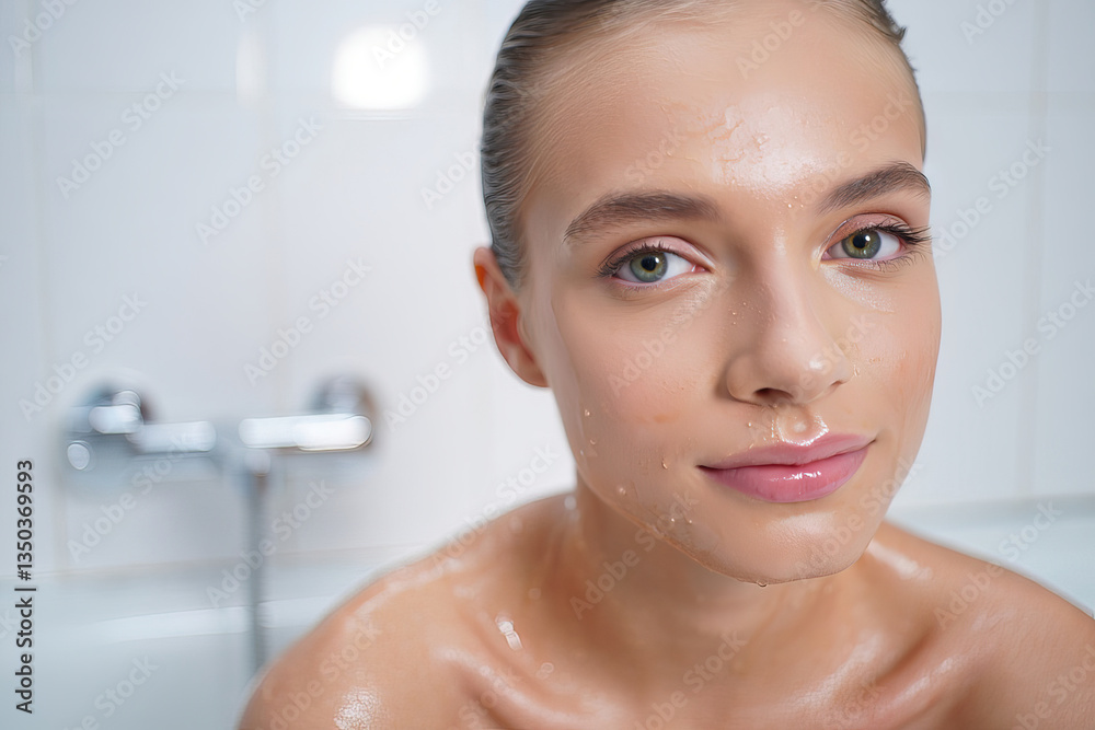 Young woman enjoying a skincare routine in a bright bathroom with relaxing ambiance and elegant decor Young woman enjoying a skincare routine in a bright bathroom with relaxing ambiance and elegant decor