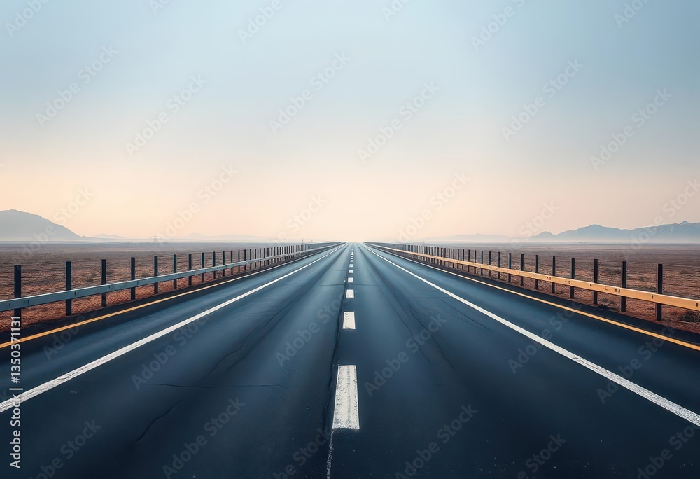 Endless asphalt ribbon vanishing into hazy distance, straight, light Endless asphalt ribbon vanishing into hazy distance, straight, light