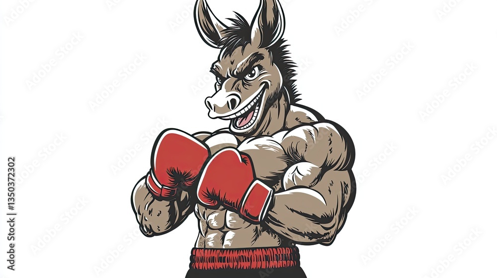 Muscular donkey boxer, fighting stance, white background, political cartoon illustration Muscular donkey boxer, fighting stance, white background, political cartoon illustration