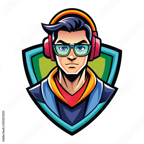 Cool gamer character with headphones and glasses