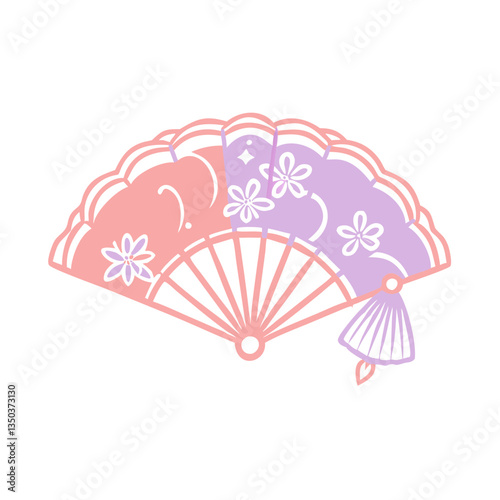 Colorful wedding fan icon with floral patterns, celebration concept